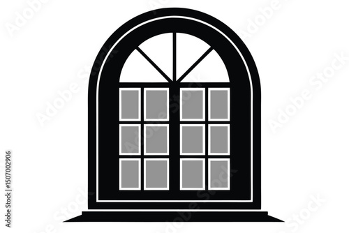 Arched Window Silhouette with Grid Panes and Triangular Upper Details, Stylized Design