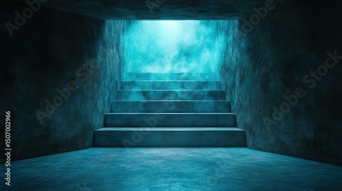 This captivating image shows a dimly lit staircase leading to a bright, ethereal light, representing hope, transition, and the journey towards enlightenment.