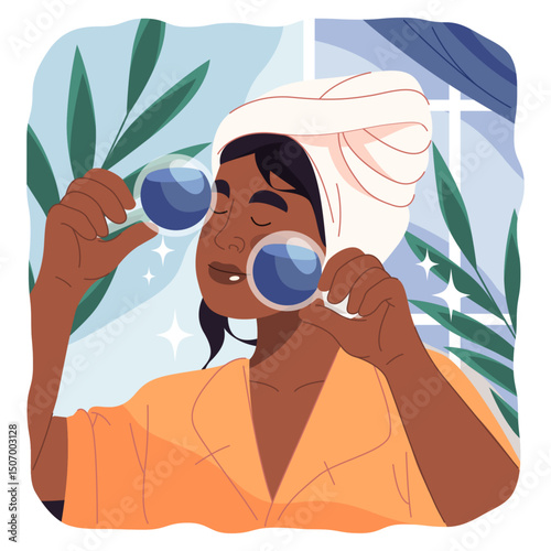 Vector sign of face massaging with cooling glass ball. Woman at facial beauty routine with crystal sphere for skin rejuvenation, contouring and circulation improvement. Skincare and health, beauty.