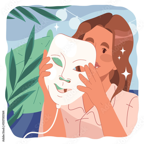 Woman with infrared mask for face. Vector modern device for skincare with LED light therapy. Facial rejuvenation and anti aging treatment, skin glow. Cosmetic routine with spa tech. Beauty, health.