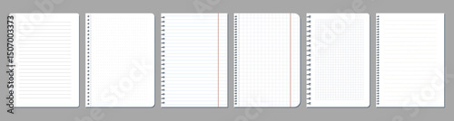 Torn blank paper sheet or set of empty page. Vector background for message. Office document for writing, school journal backdrop. Note grid or memo lined bound. Perforated realistic element for text.