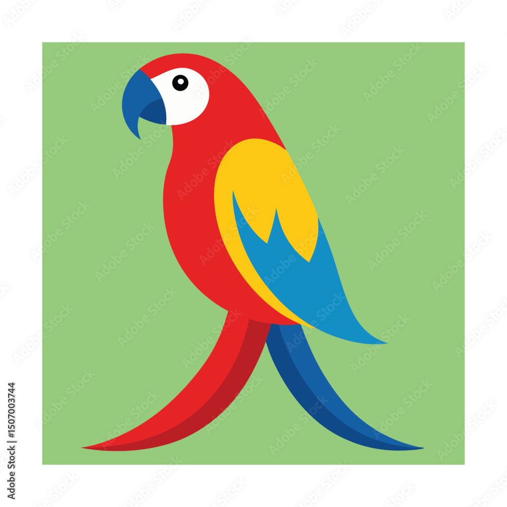Fototapeta premium Vibrant flat design illustration of a colorful tropical parrot on a green background