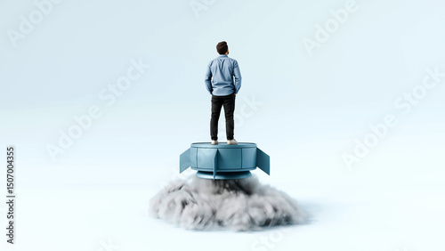 Confident Man Standing on Launching Rocket with Smoke - Startup, Business Launch, Ambition, and Future Success, 3D Render