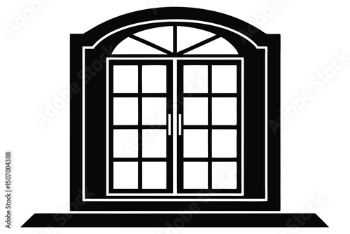 Arched Top Window with Grid Pattern and Sill, Black Silhouette Illustration