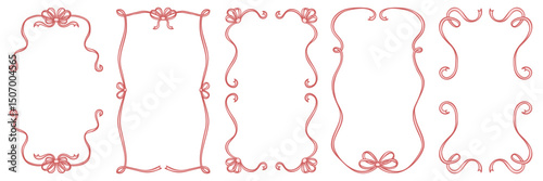 hand drawn doodle frame set. rectangular, oval shape vintage borders with curl, loop, wave, bow and ribbon
