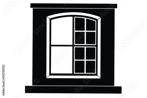 Black and White Window with Grilles and Arched Top Pane Illustration