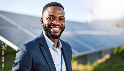 Wallpaper Mural A smiling African American man, in a suit jacket standing in front of solar panels Torontodigital.ca