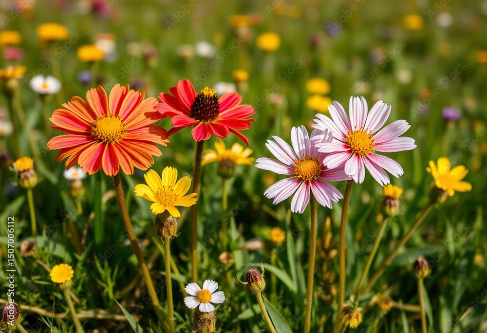 Fototapeta premium Orange and white daisy-like wildflowers blooming in sunny mountain field
