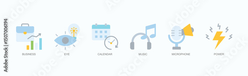 Vision And Venture Icon Set Isolated Vector Illustration Concept With Icon Of Business, Eye, Calendar, Music, Microphone, Power In Flat Style