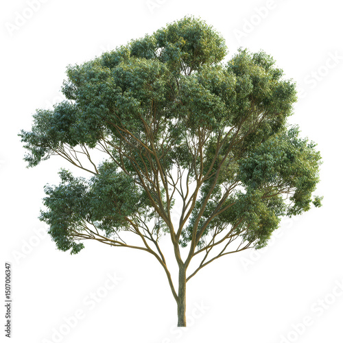 Lush green tree with broad canopy and numerous branches, symbolizing nature beauty and tranquility. Its vibrant leaves create serene atmosphere
