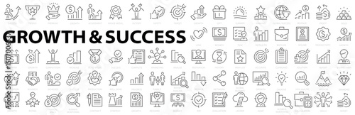 Growth & Success 64 icon set. Successful business development, plan and process symbol. Goals and Target Related. Vector illustration.
