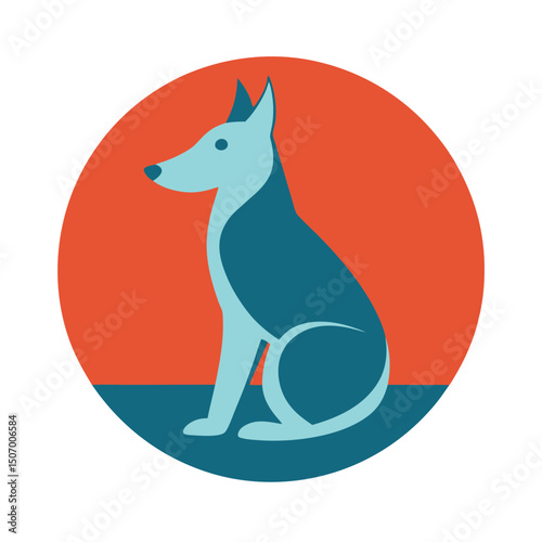 Stylish minimalist illustration of a dog sitting inside an orange and teal circular composition