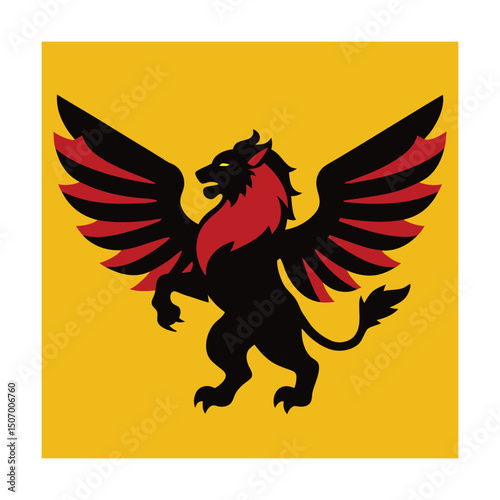 Heraldic emblem of a griffin with wings and lion body standing on a yellow background