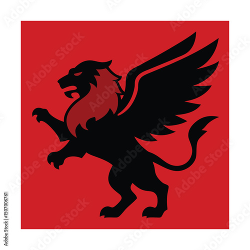 Heraldic gryphon crest standing on a red background emblem for design and branding purposes