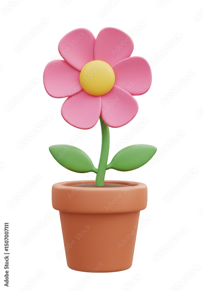 Naklejka premium 3D Render Cute Pink Flower in Brown Pot Isolated Background