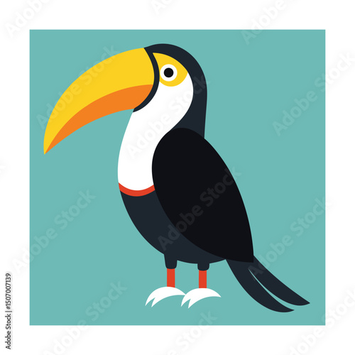 Flat design illustration of a colorful toucan bird on a light blue background ready to use