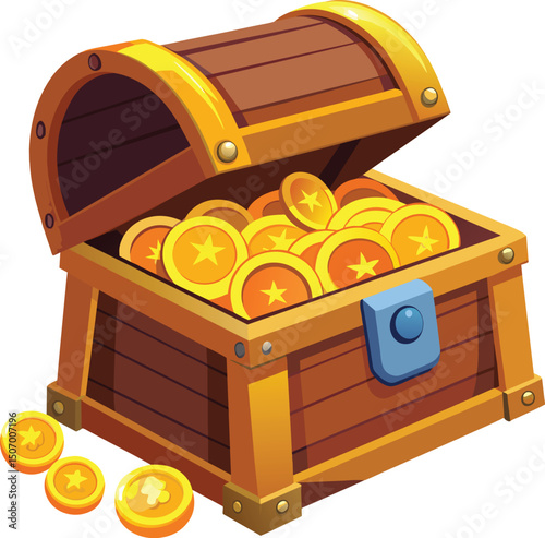 Treasure chest with gold coins vector illustration, wooden box with coins