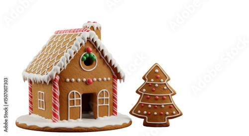 3d Render Gingerbread House and Christmas Tree Decoration Holiday Season