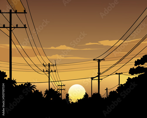 power lines at sunset vector