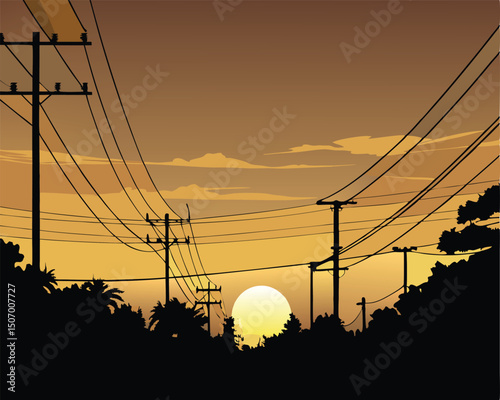 realistic sunset background with power lines vector