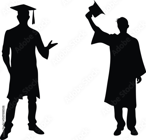 Two graduation silhouette figures in gowns and caps against a white background celebrating achievement