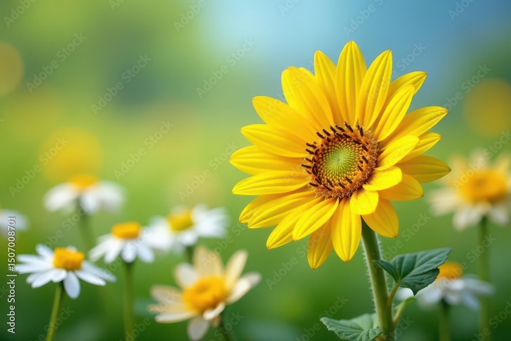 One bright yellow sunflower among white daisies, bloom, outstanding One bright yellow sunflower among white daisies, bloom, outstanding