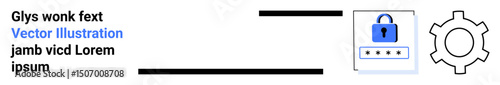 Lock icon above password input field representing online security next to a gear for customization or settings. Ideal for cybersecurity, authentication, user settings, app interfaces, online forms