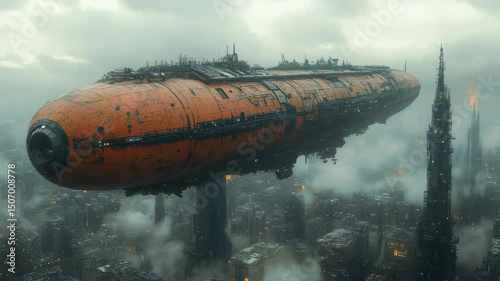 Wallpaper Mural Enigmatic Orange Submarine Hovering Over Cityscape Torontodigital.ca