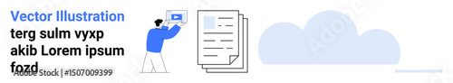 Person interacting with a laptop and stack of files, symbolizing cloud storage. Ideal for technology, digital data, cloud computing, remote work, IT solutions, documentation, simple landing page