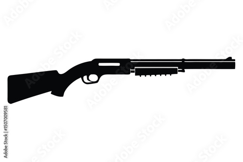 Simple Black Silhouette of a PumpAction Shotgun with Extended Magazine Tube Illustration