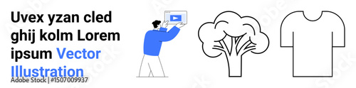 Man interacting with media on screen, outlined tree, and t-shirt. Ideal for technology, environment, design, fashion, communication, creativity and simple landing page