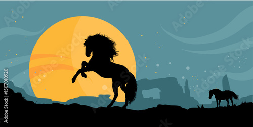 horses on prairie at night with full moon – vector illustration
