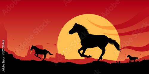horses on prairie at sunset – vector illustration