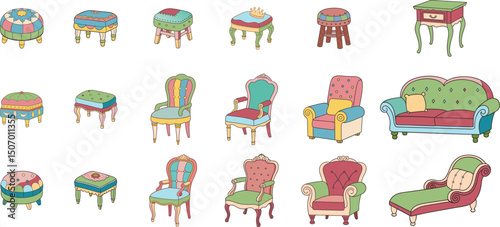 Vintage upholstered chairs, sofas, stools, and side table set classic antique furniture collection, retro home decor