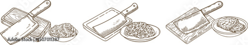 chopping boards and cleavers with bowls of minced meat rustic kitchen utensils, hand drawn sketch illustration