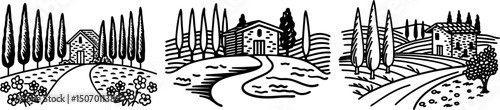 Tuscan countryside houses with cypress trees rural landscape, italian villas, path, hill and nature illustration