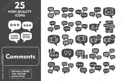 Comments Glyph Icon Set. Incleded Icons Speech bubble, Message, Chat, Chatting, Comment, Chat Bubble, Conversation. Vector Icons Collection