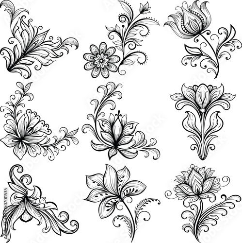 Ornate floral designs black and white