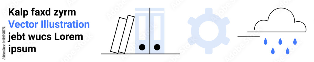 Three office binders, cogwheel for technology or processes, cloud with rain for nature or data flow. Ideal for business, technology, workflow, weather, productivity, environment or simple landing