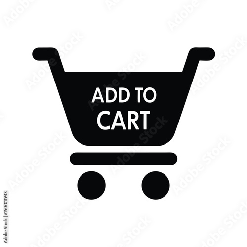 Black Shopping Cart Icon with Add To Cart Message on White Background, Simple Design