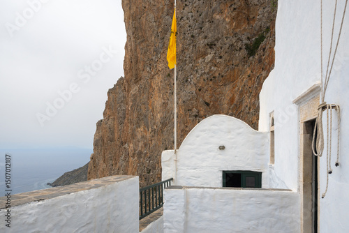 The Monastery of Hozoviotissa built into the face of a cliff. Amorgos island, Cyclades, Greece