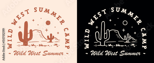 Wild West summer camp desert country cowboy cowgirl theme camping camper badge emblem logo. Retro vintage aesthetic printable illustration lettering for vacation girls trip shirt design poster print.