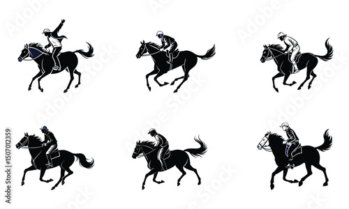 Horse Racing Jockeys in Action vector, Silhouettes, vector illustrations of six dynamic horse racing scenes, each scene showing a jockey riding a fast horse in various poses.
