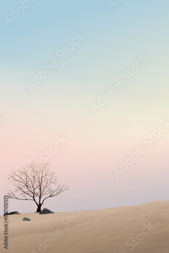 Silhouette deciduous tree in the middle of dried land with vanilla sky vertical background graphic illustration have blank space.