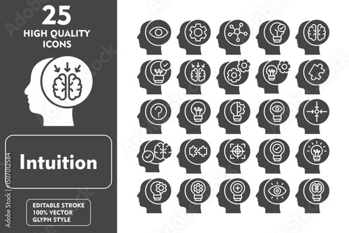 Intuition Glyph Icon Set. Incleded Icons Visualization, Bulb, Have an Idea, Creative, Knowledge, Idea, Positive thinking, Vision, Creativity. Vector Icons Collection