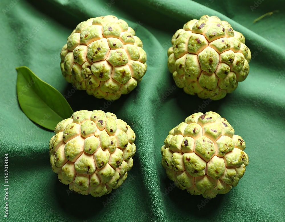 Fototapeta premium Fresh Cherimoya Fruits on Green Fabric Background Closeup Shot of Four Exotic Fruits