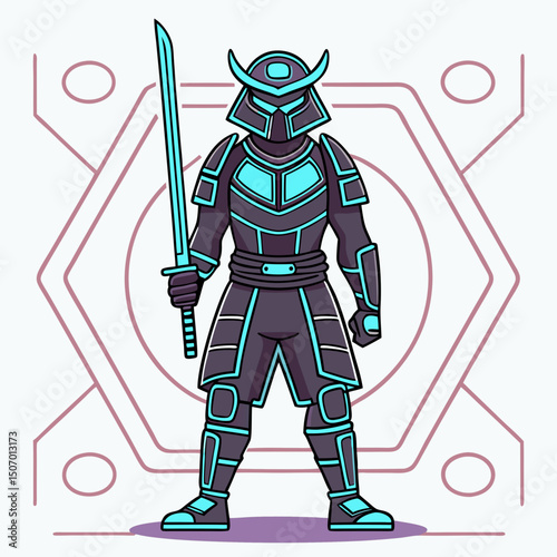 Futuristic Samurai Warrior with Glowing Sword and Armor Illustration on White Background