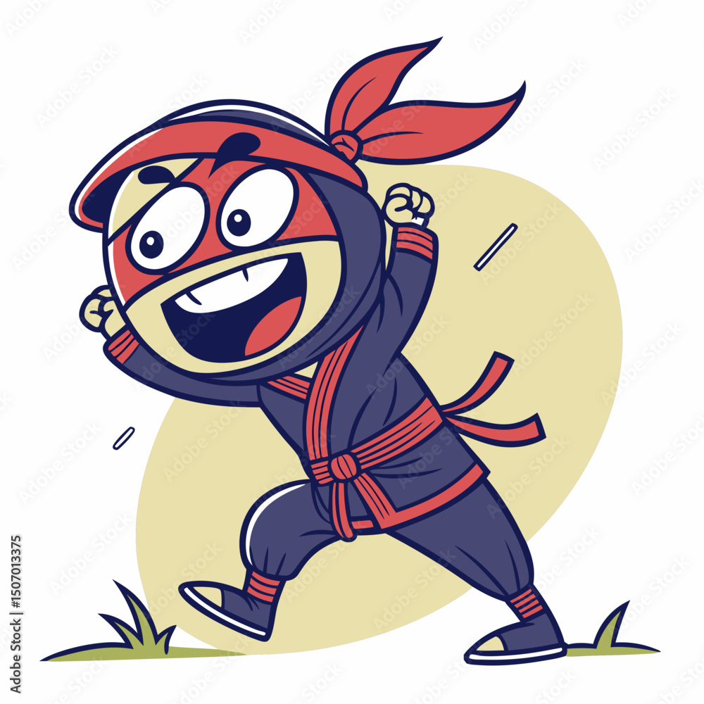 Obraz premium Cartoon ninja character running with a happy expression and throwing shurikens