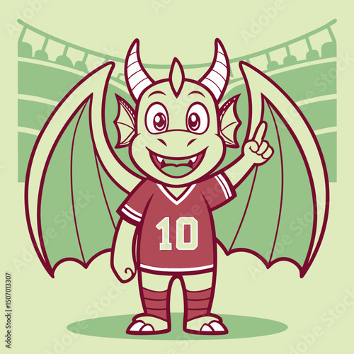 Cartoon Dragon Mascot Wearing Soccer Jersey Number Ten at Stadium