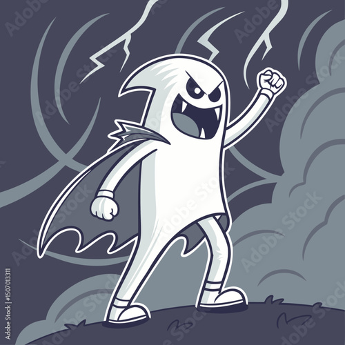 Cartoon Ghost with Cape Raising Fist in Stormy Weather Illustration